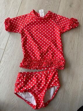 Ruffle Butts Red & White Polka Dot Two-Piece Rash Guard Swim Set